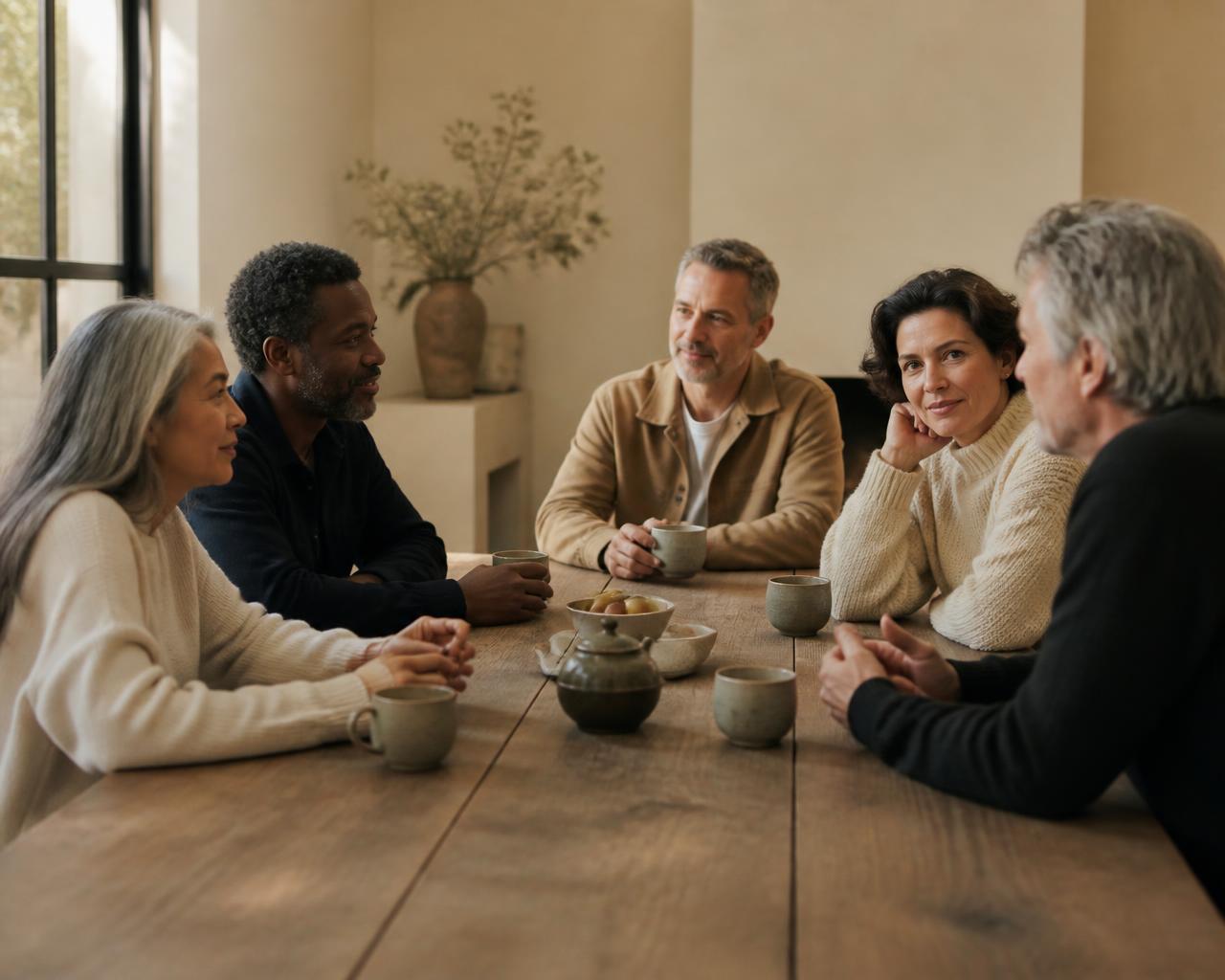 Cinco personas de entre 45 y 60 años conversando alrededor de una mesa de madera en una sala luminosa