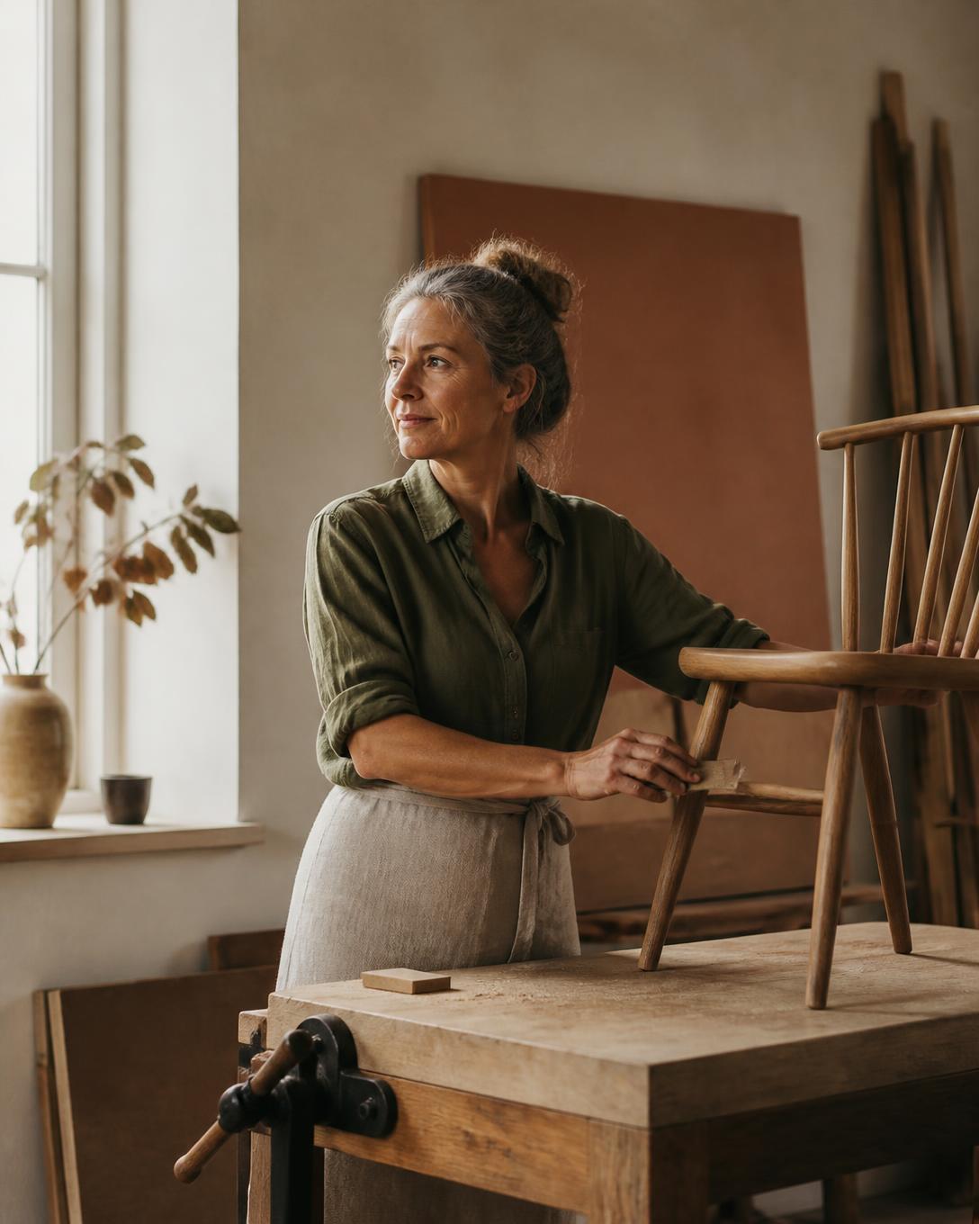 Mujer de unos cincuenta años lijando con calma una silla de madera en su taller, iluminado por la luz de la mañana